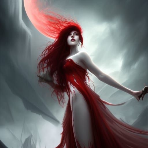 Striking Half Red/Black Haired Figure, Fantasy Art