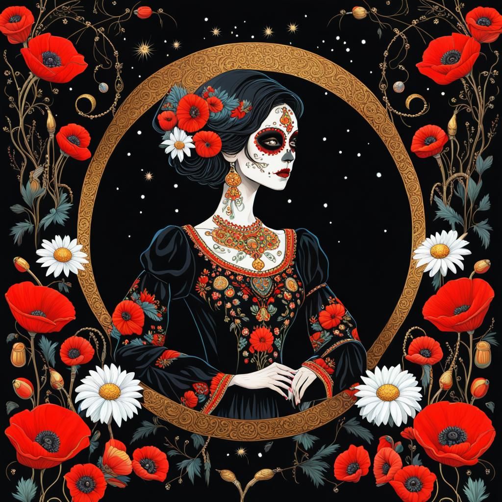 Dia de los Muertos Woman Under Fairy Lights