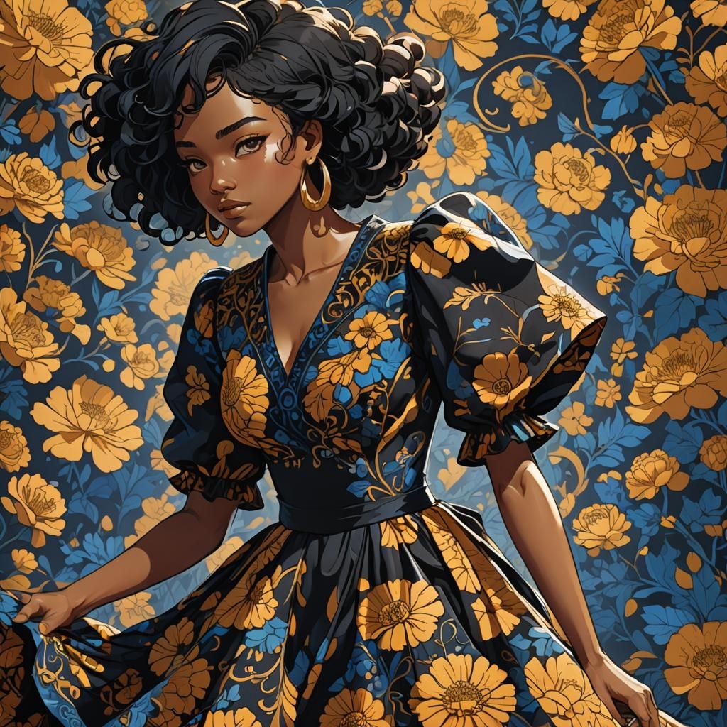 Anime Black Woman in Marigold Dress