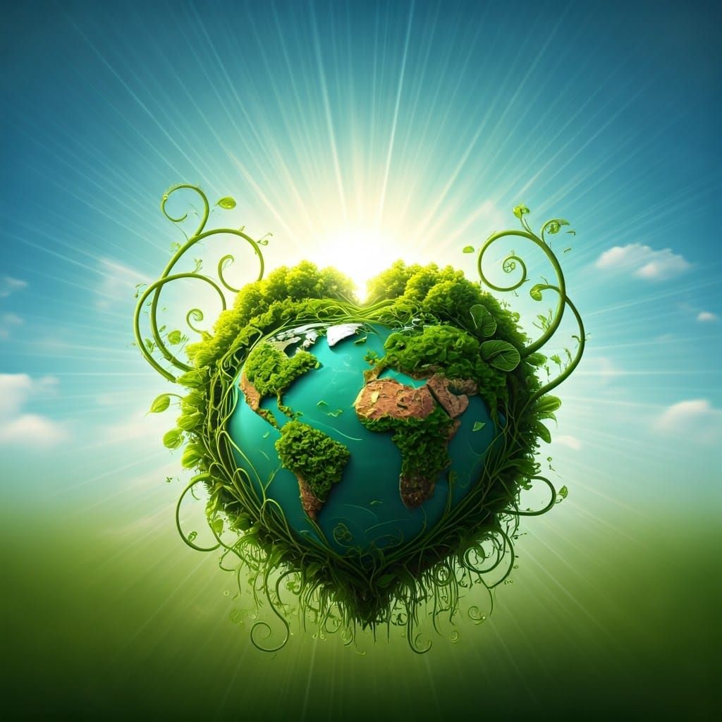 Surreal Green Planet in Harmony with Nature Illustration