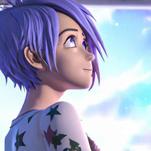 Purple-Haired Woman in Anime Key Visual Style