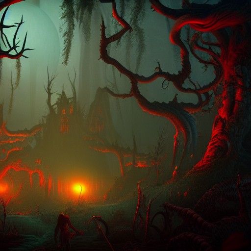 Monster Party Under Blood Moon: Detailed Matte Painting