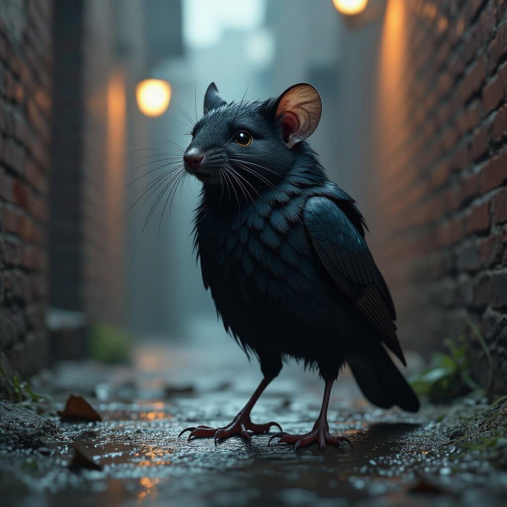 Surreal Bird-Rat Hybrid in a Dimly Lit Alley