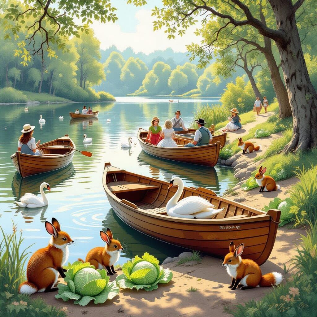 Whimsical Lake Scene with Boats, Animals, and People in Natu...