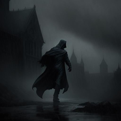Lone Figure Running in Dark Fantasy Landscape