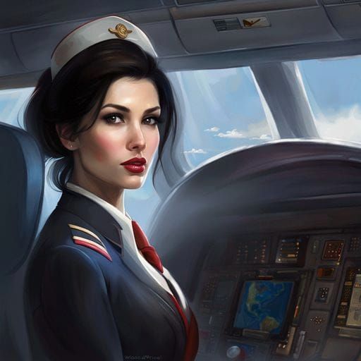 Dark-Haired Stewardess in Fantasy Art Style