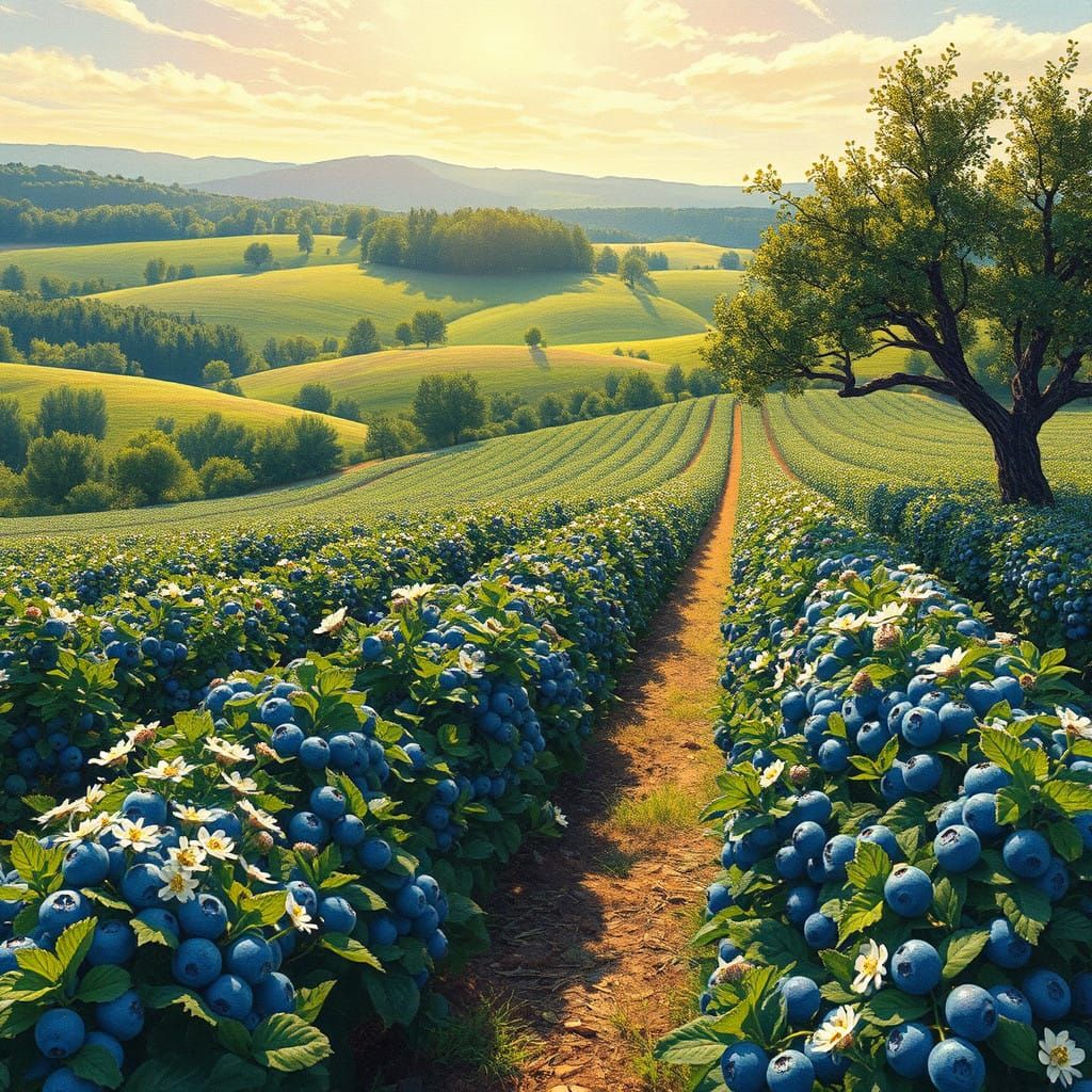 Maximalist Blueberry Farm in Warm Sunlight