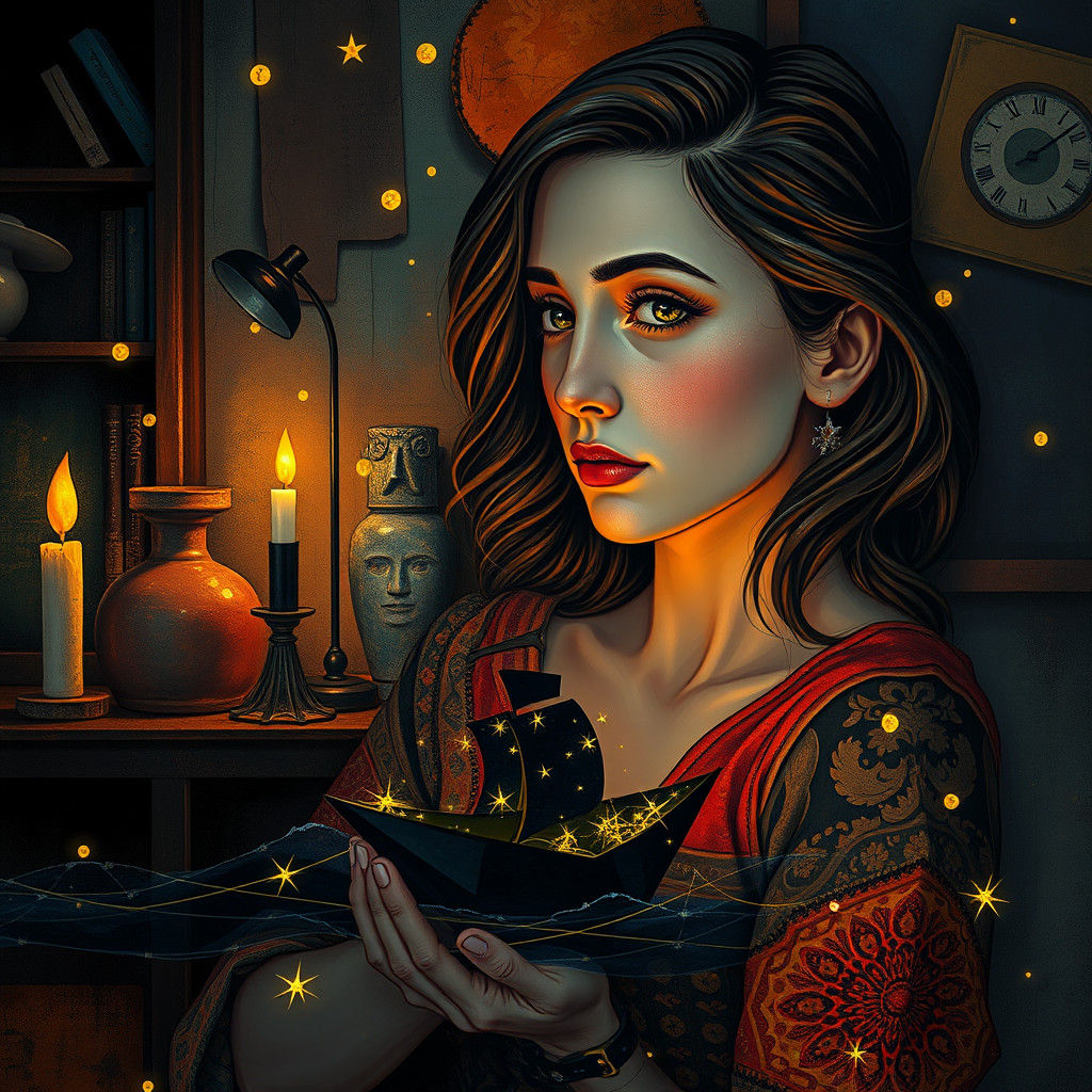 Eerie Dreamscape: Woman in Candle-Lit Room, as Photomontage