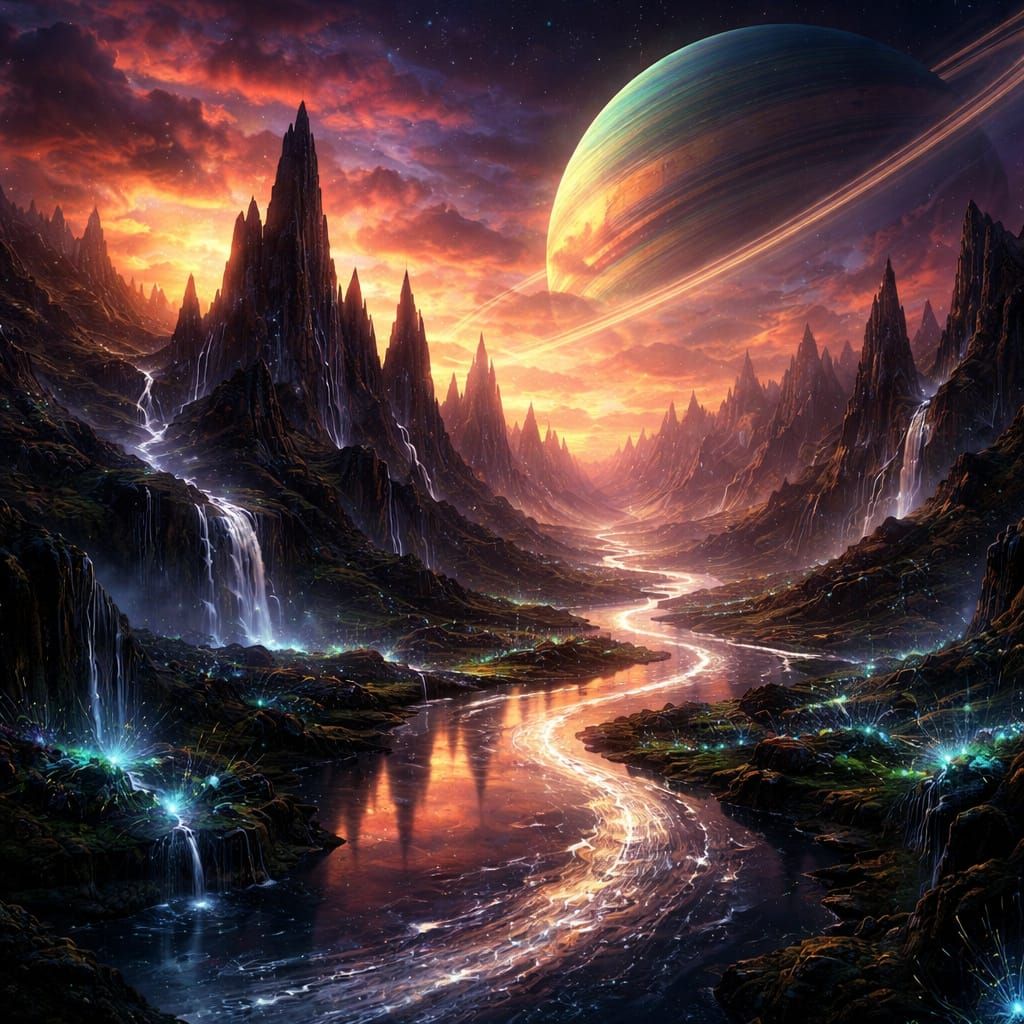 Obsidian Mountains Under Amber Sky with Twin Planet