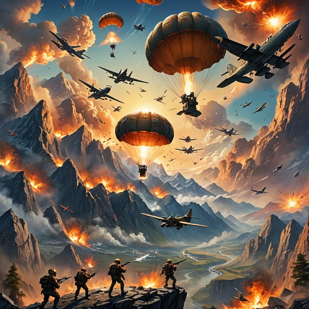 Epic Mountain Sunrise Battle: Soldiers and Explosions