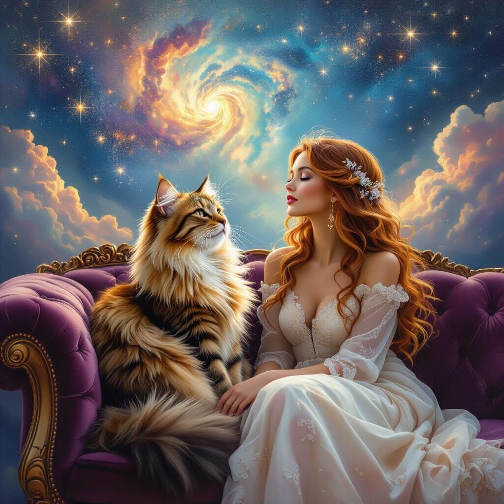 Cat and Woman in Surreal Nebula Sky Digital Painting