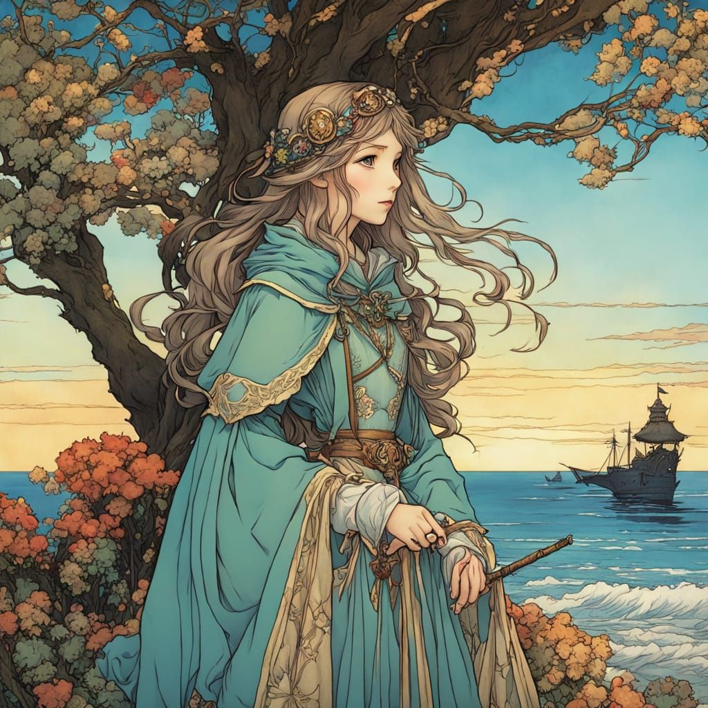 Girl Wizard on Seashore in Anime Cartoon Style