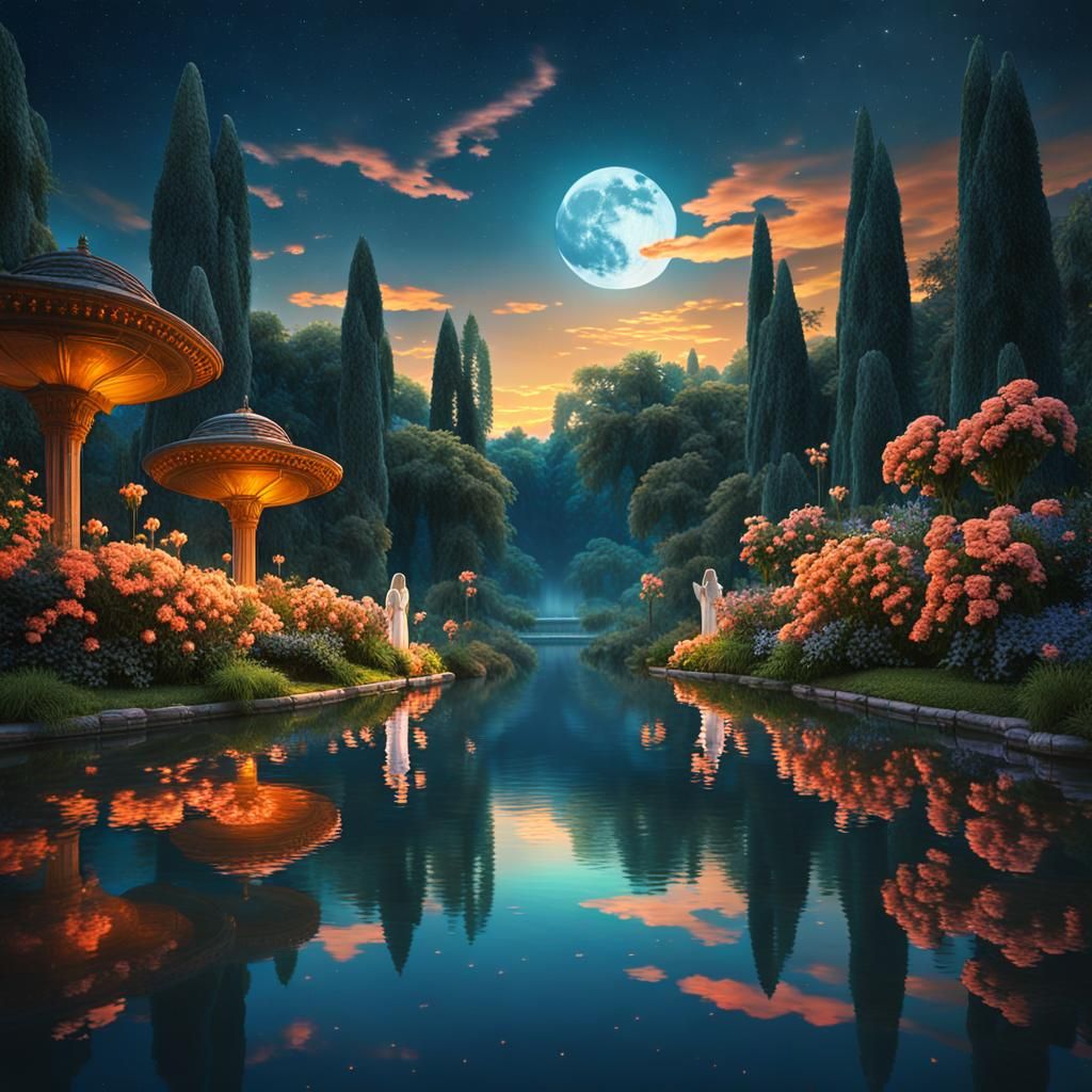 Angels Guarding a Garden River at Night