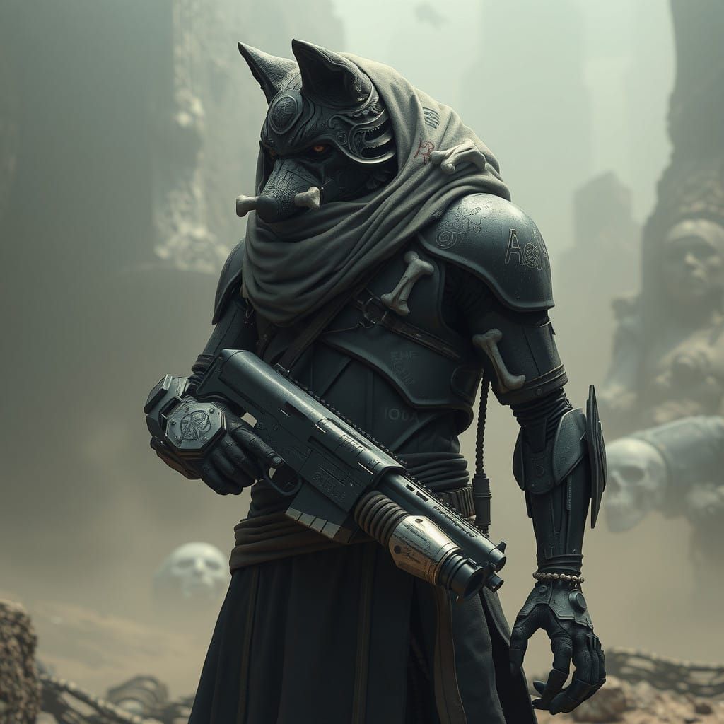 Cybernetic Werewolf Mercenary in Desolate Sci-Fi Landscape