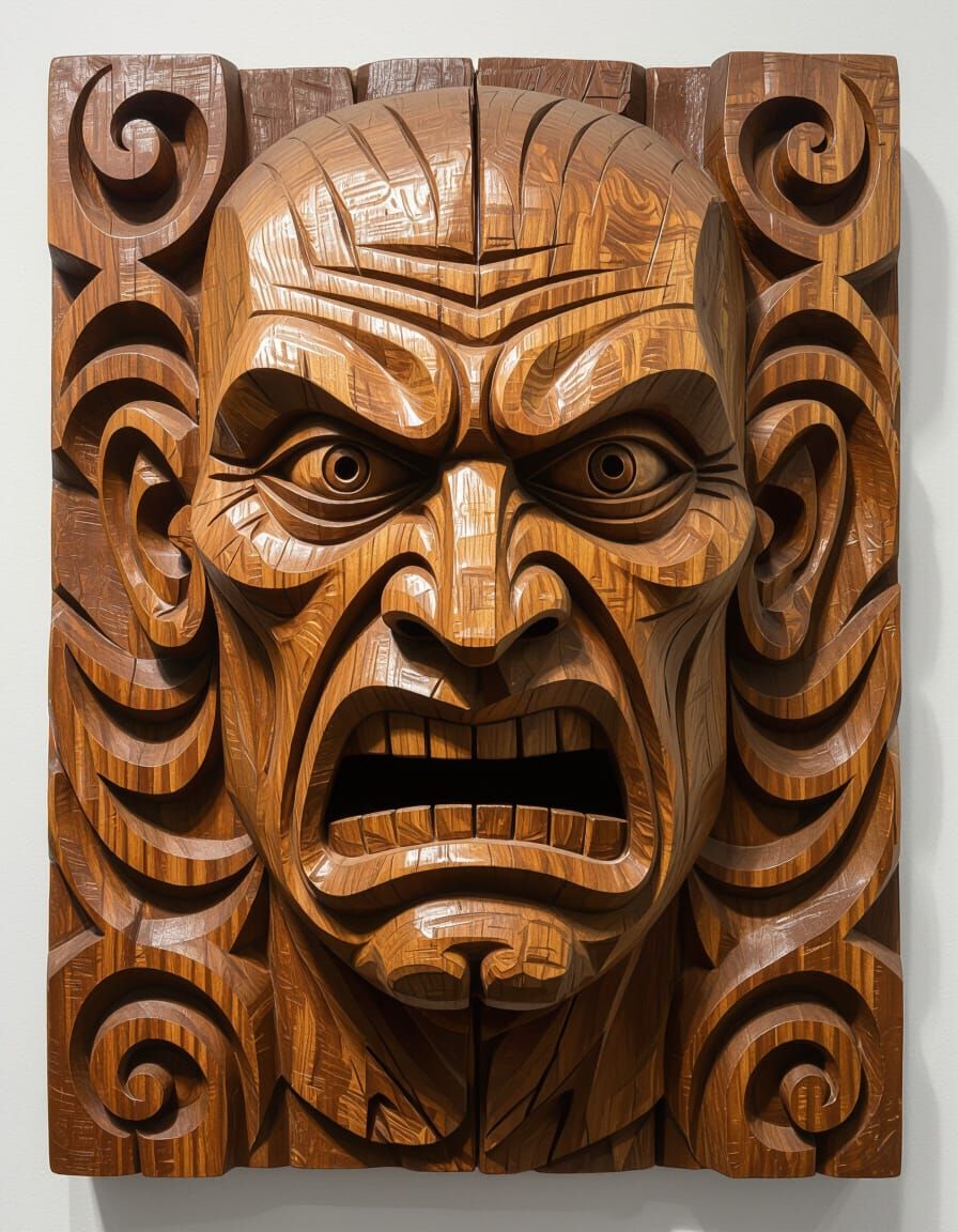 Surrealist Wood Carving of Wrath in Modern Style