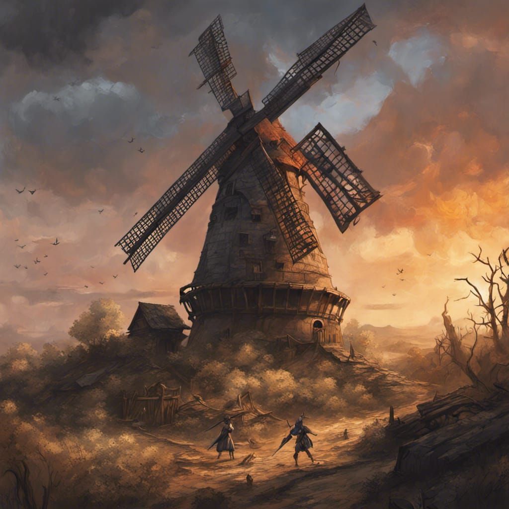 Don Quixote's Dark Fantasy Battle with Windmill Monsters