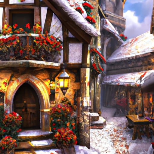 Picturesque Medieval Tavern in Winter, Digital Illustration