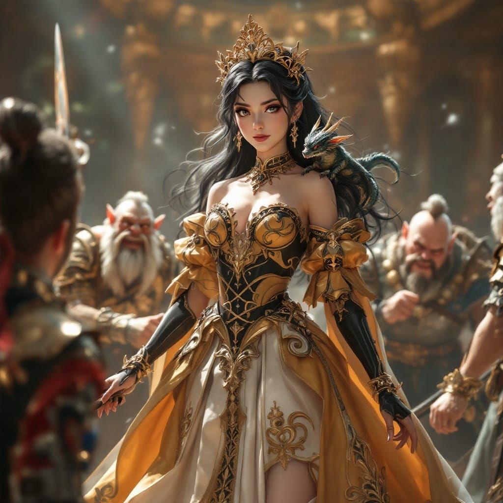 Victorious Raven-Haired Princess with Dragon, in 3D Anime St...