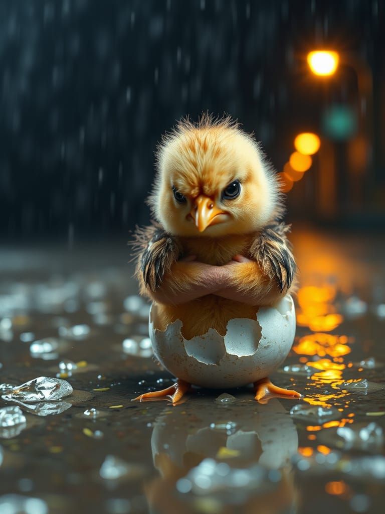 Grumpy Chick in Rainstorm: Hyperrealistic Digital Art