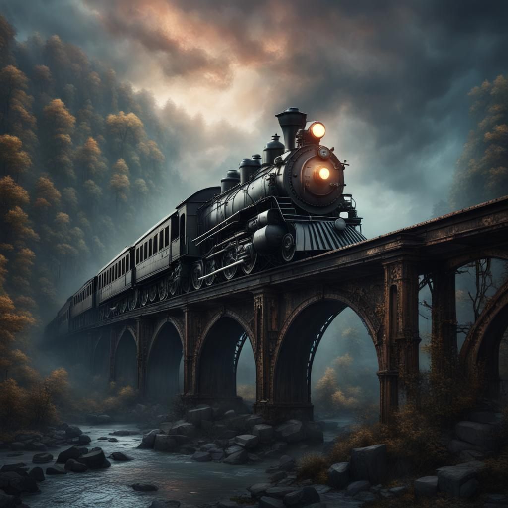 Ghost Train Crossing Bridge: Detailed Matte Painting