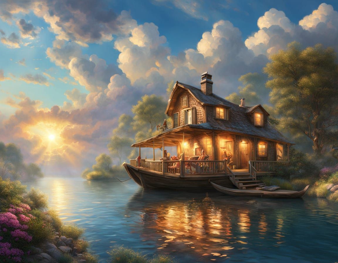 Ethereal Fantasy Scene on a Houseboat