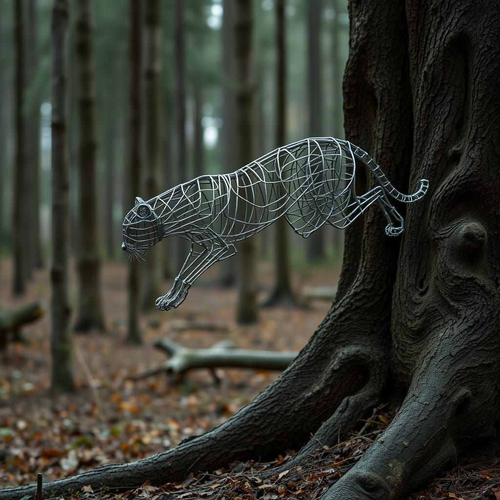 Elegant Wire Leopard Sculpture Leaping From Tree