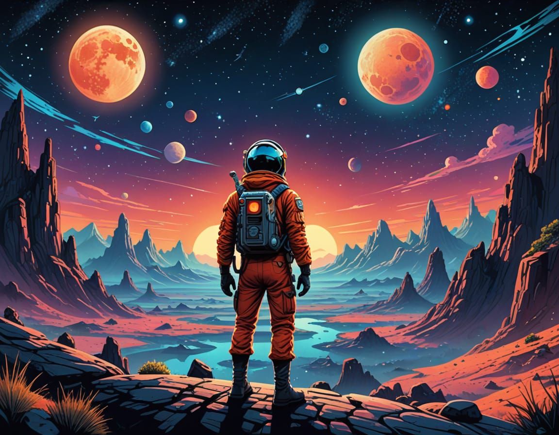 Brave Explorer on a Distant Moon in Vibrant Retro Cartoon St...