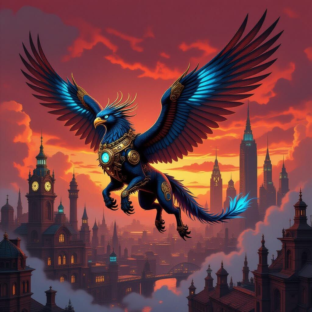 Steampunk Griffin Soaring Above Industrial City