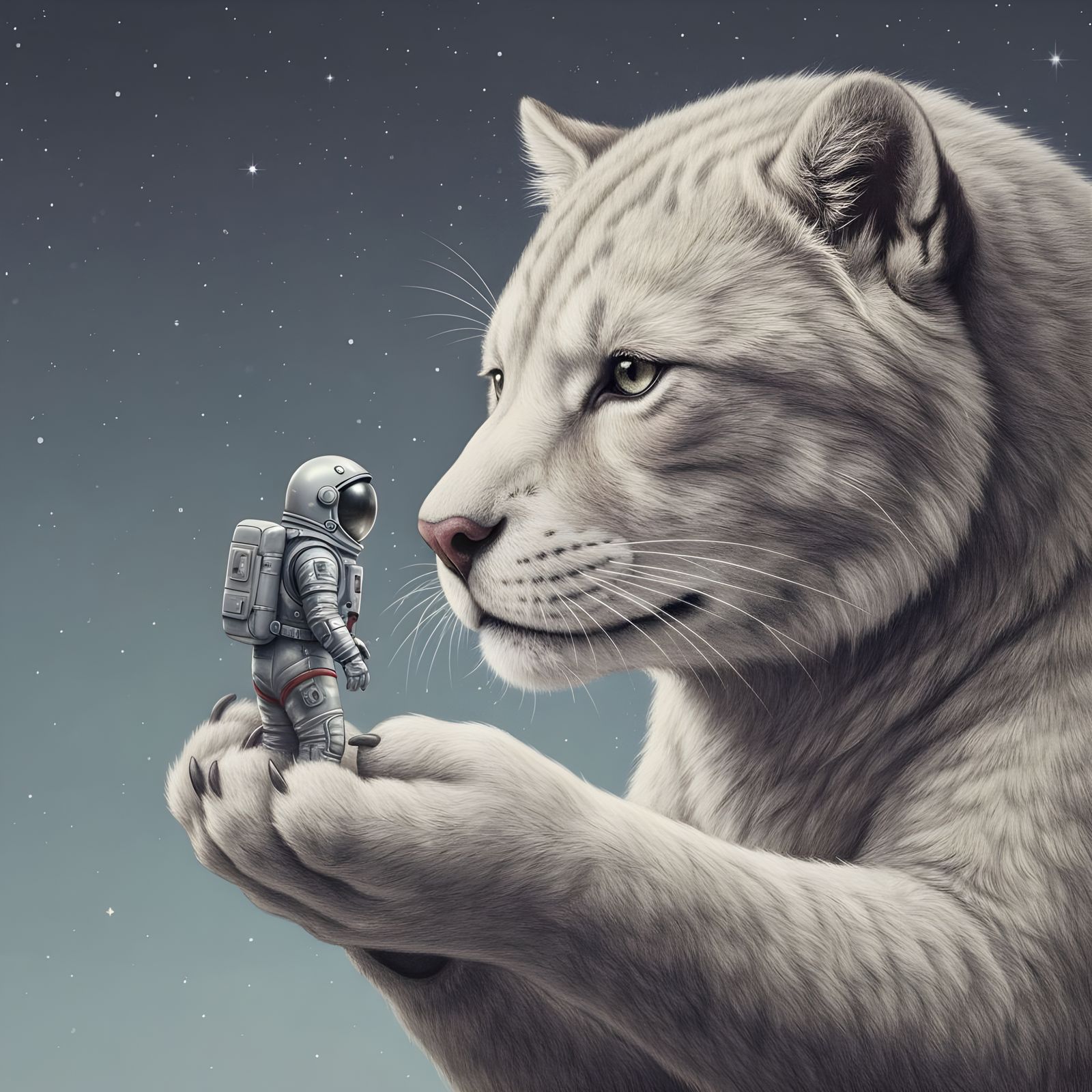 Mythical Beast Cradling Astronaut in Hyperrealistic Pencil S...
