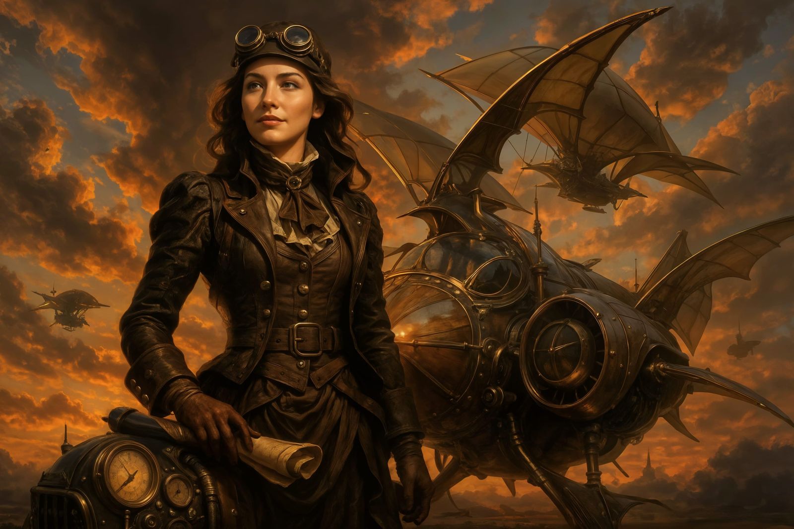 Steampunk Aviatrix and Ornate Flying Machine at Sunset