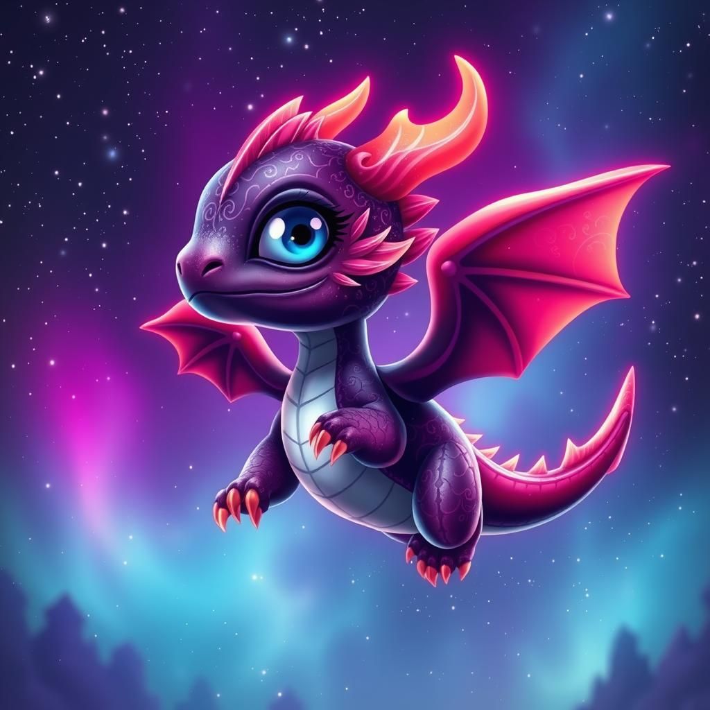 Chibi Dragon Soaring Through Neon Aurora Sky