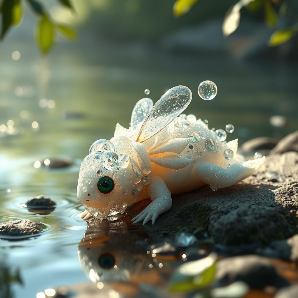 Dewdrop Creature on Riverbank: 3D Anime Render