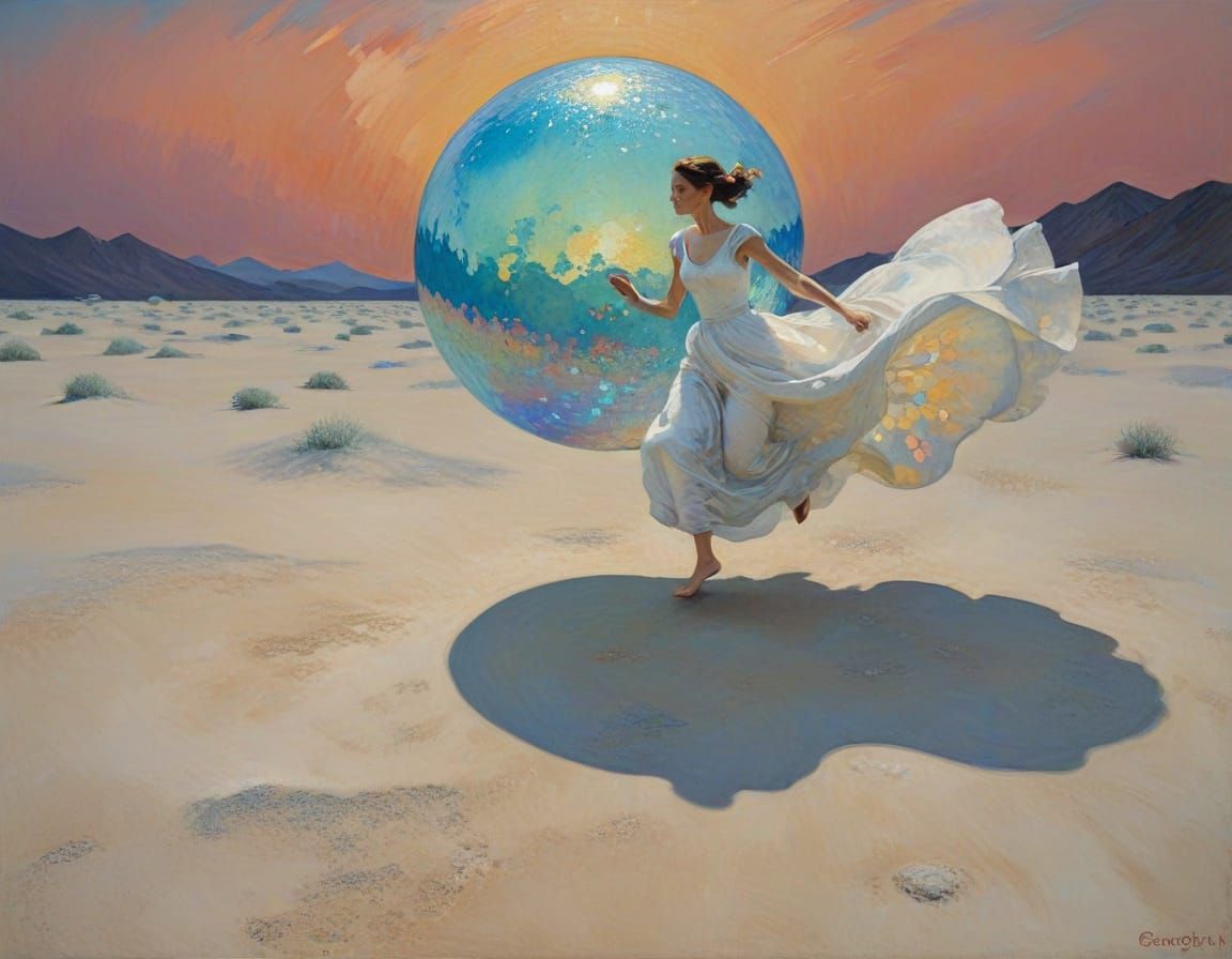 Ethereal Bride Runs with Glowing Orb on a Deserted Lunar Lan...