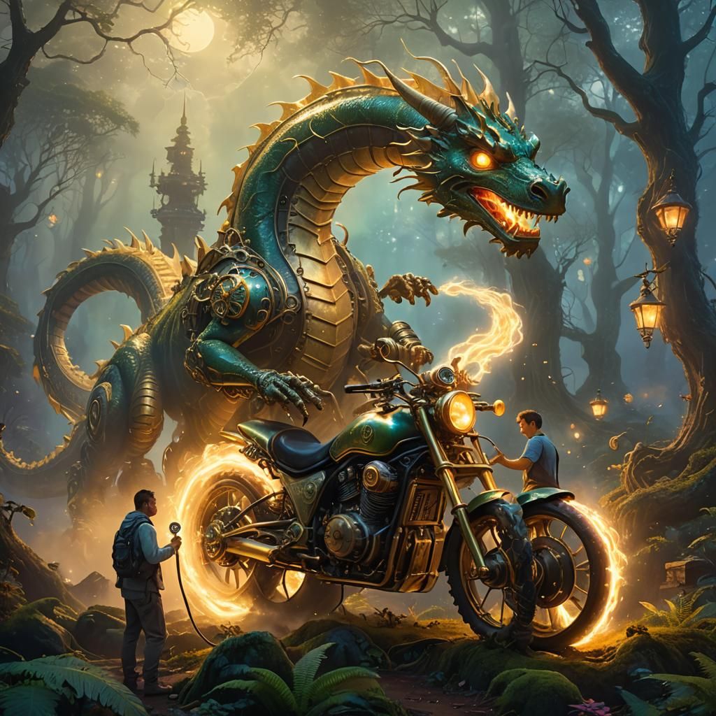 Clockwork Dragon Motorcycle Repair in Misty Forest