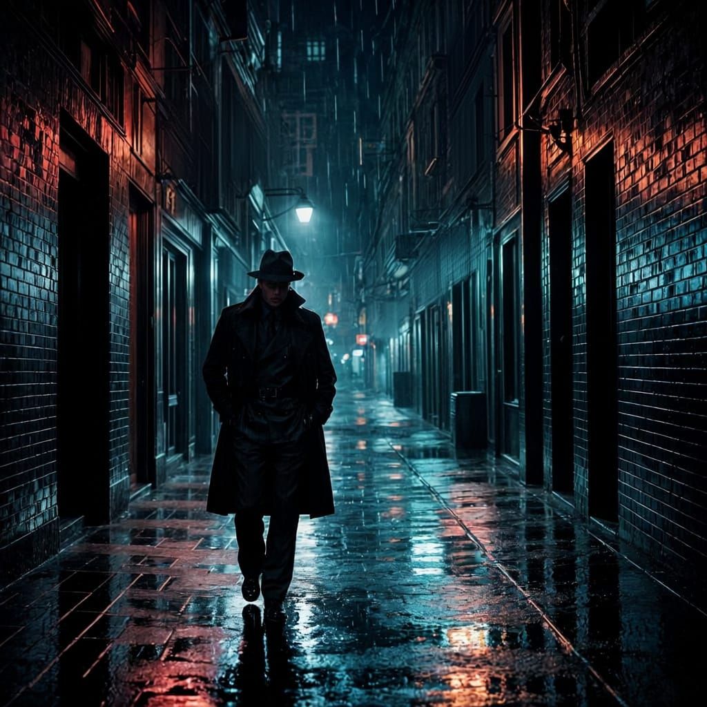 Film Noir PI in Neon Alleyway