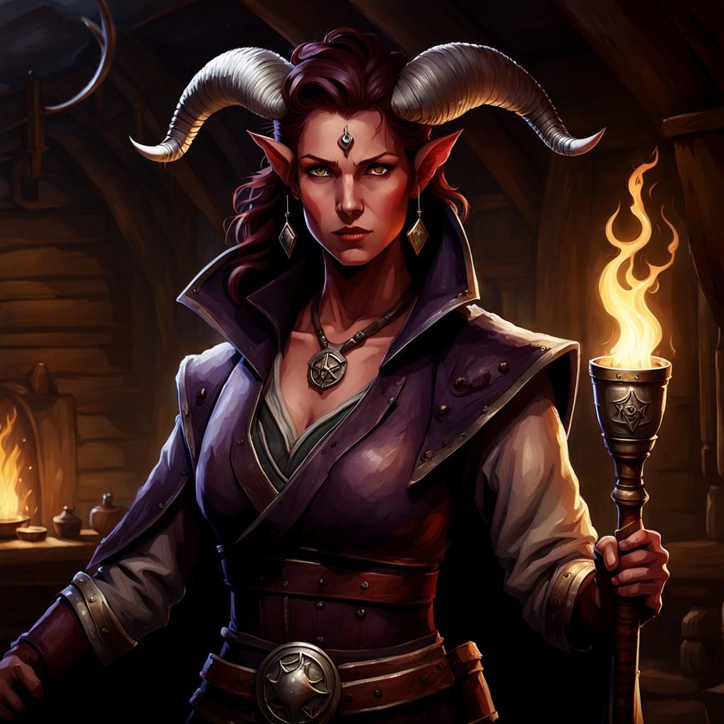 Tiefling Barkeep in a Weary Tavern Scene