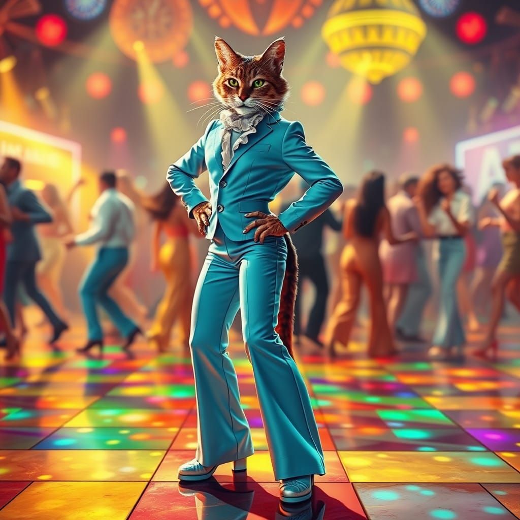 Charismatic Feline Disco Dancer in Retro-Futuristic Style
