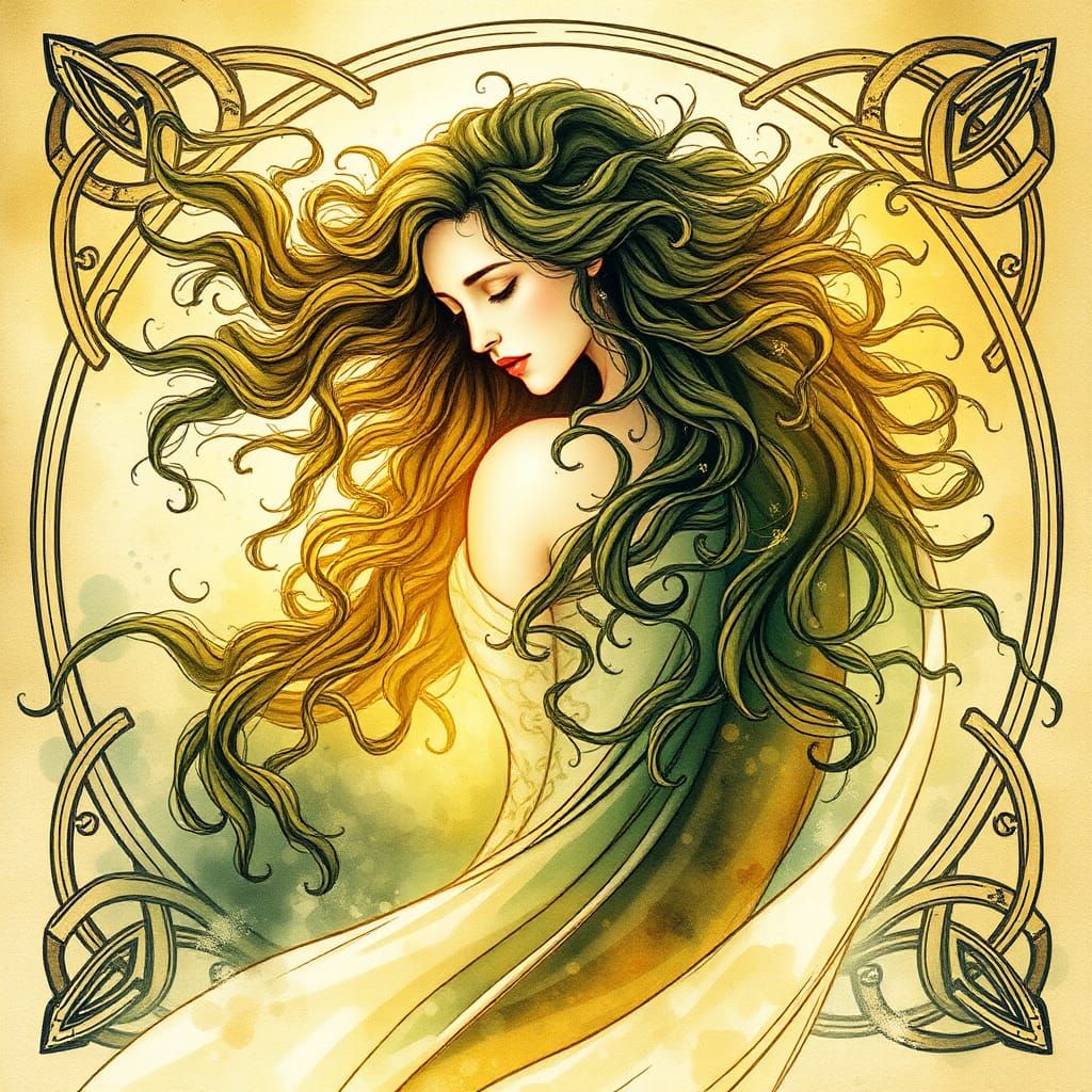 Goddess Clíodhna Summons Winds in Celtic Revival Style