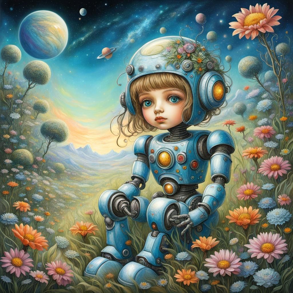 Robot Girl in Field with Spaceships