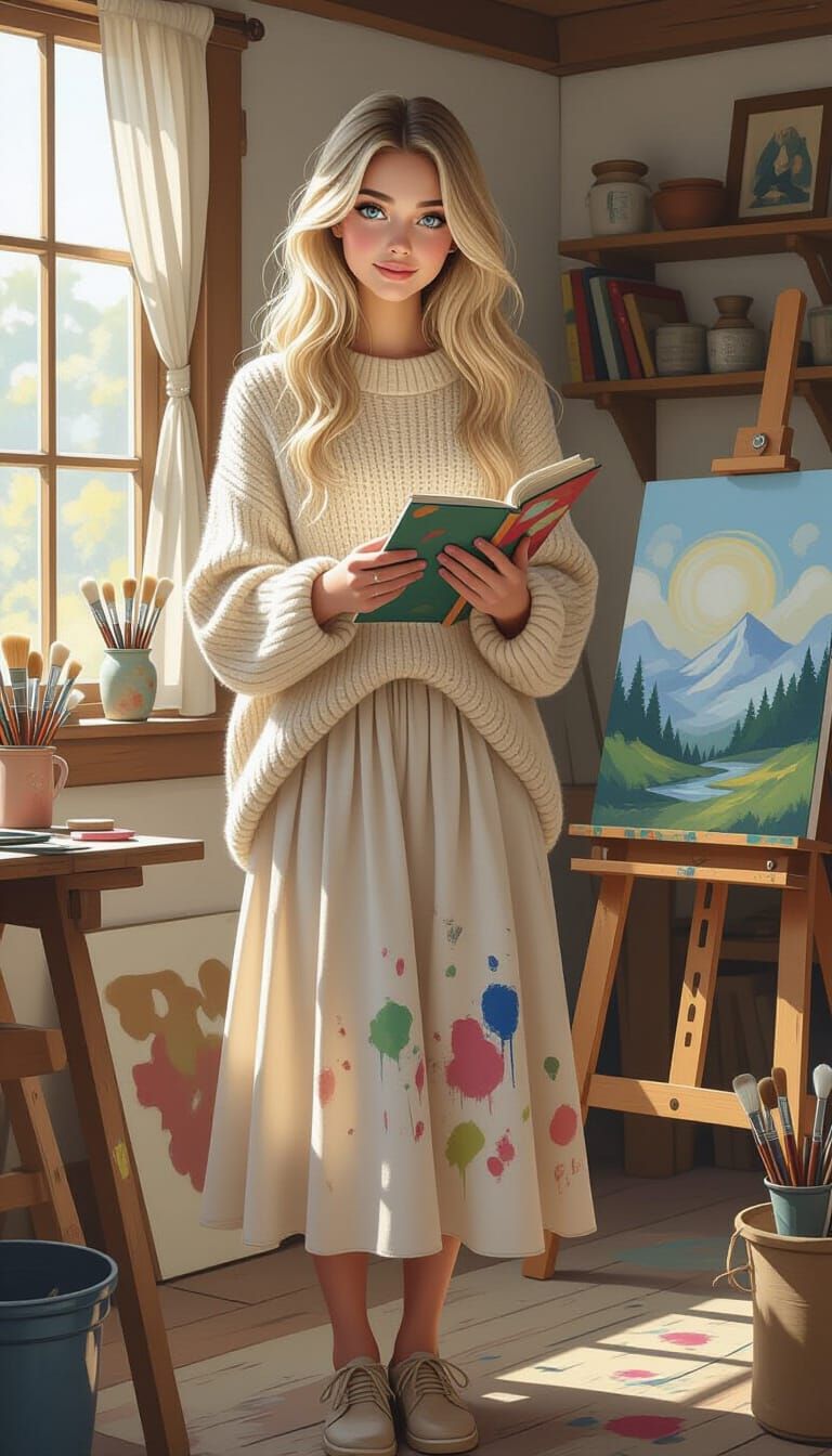 Young Woman in Cozy Studio: Comic Book Art
