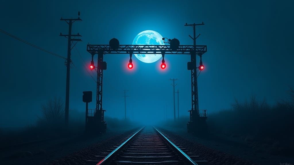 A Desolate Landscape Under an Eerie Blue Moon