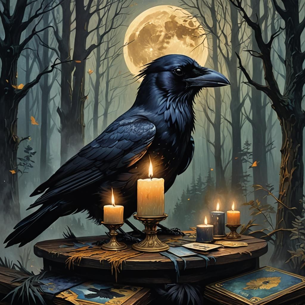 Mystical Raven Tarot Card in Van Gogh Style