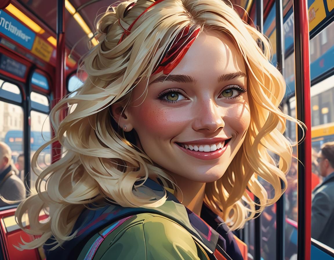 Blonde Girl on London Bus in Art Nouveau Style