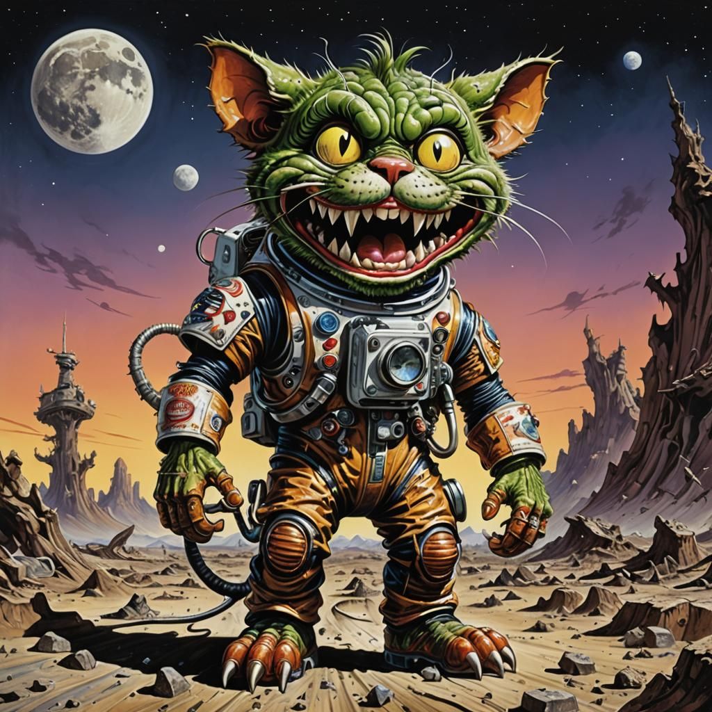 Ratfink Cat and Mouse on Moon in Ed Roth Style
