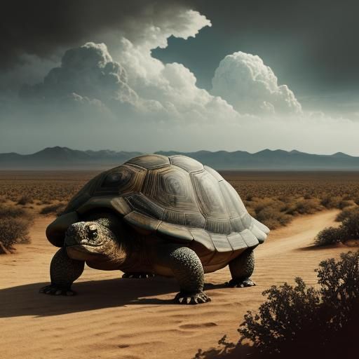 Giant Tortoise with Island in Hyperrealistic Desert Scene