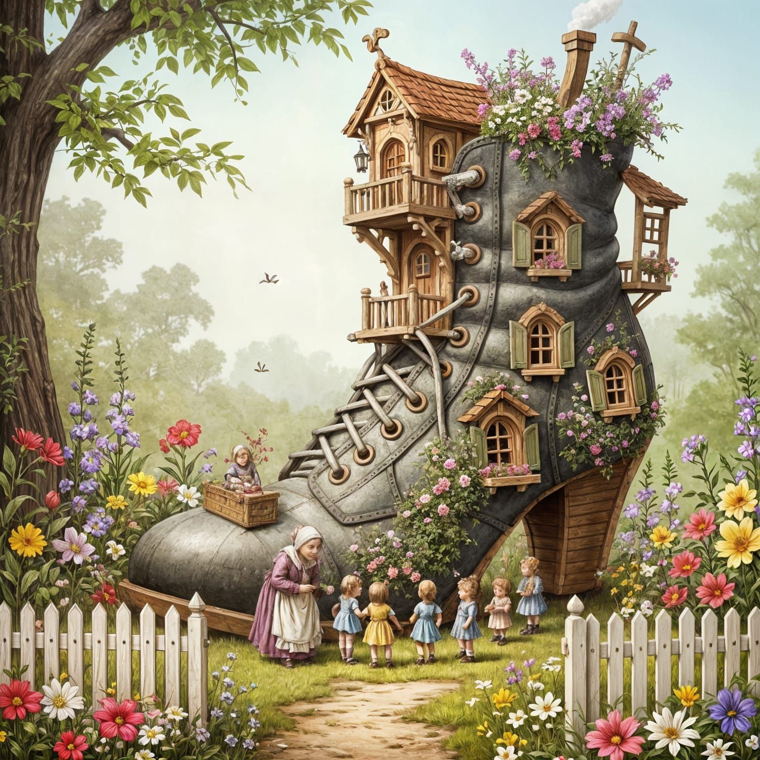 Fairytale Boot House with Old Woman and Toddlers