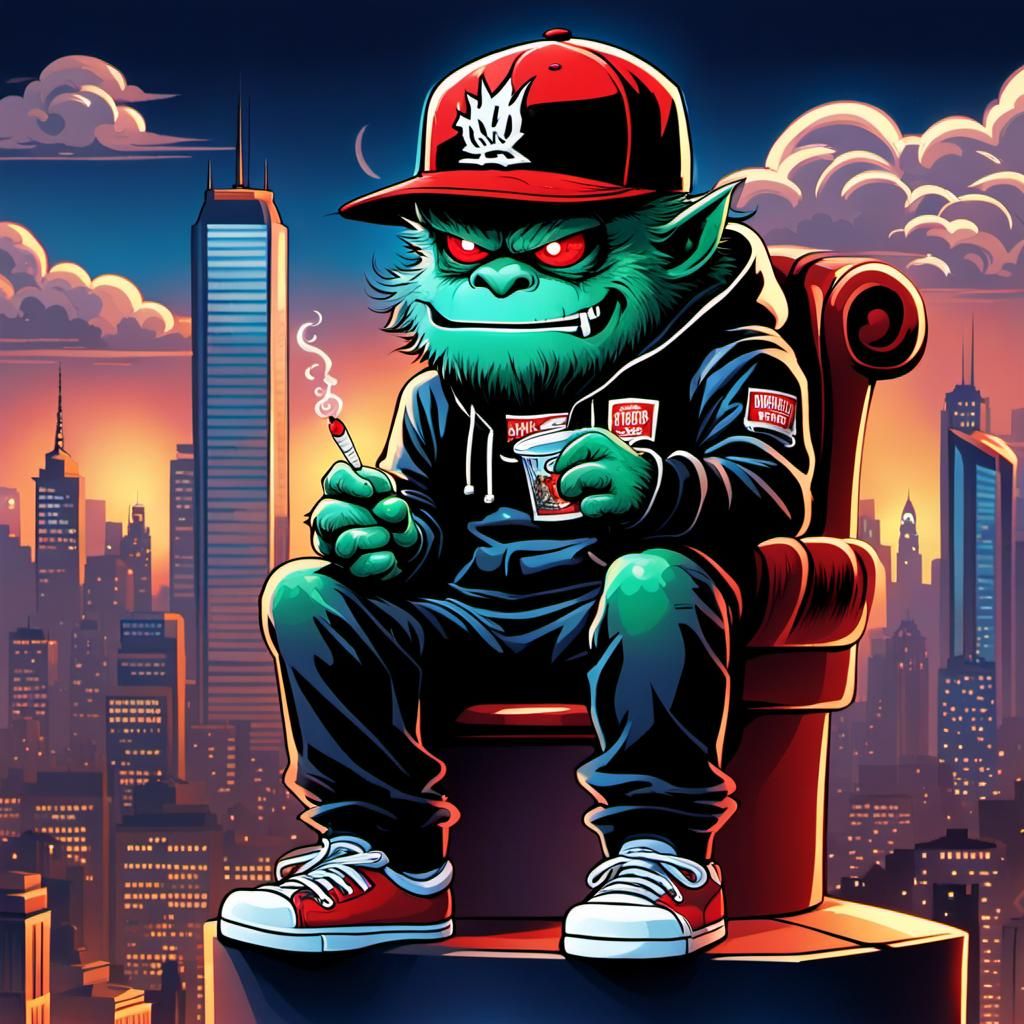 Weed Bud Monster on Throne in Comic Style