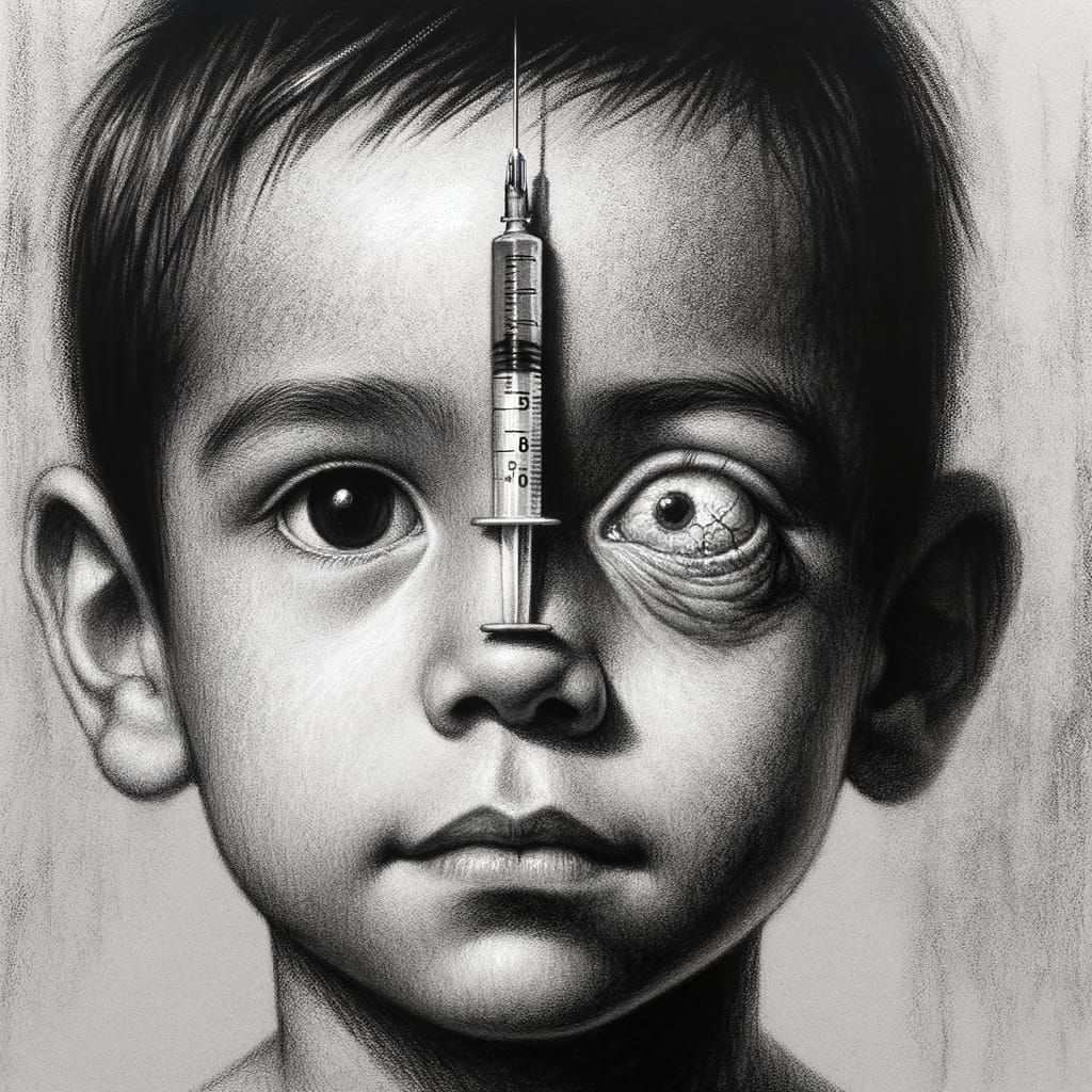 Playful Charcoal Portrait: Boy with Hypodermic Needle