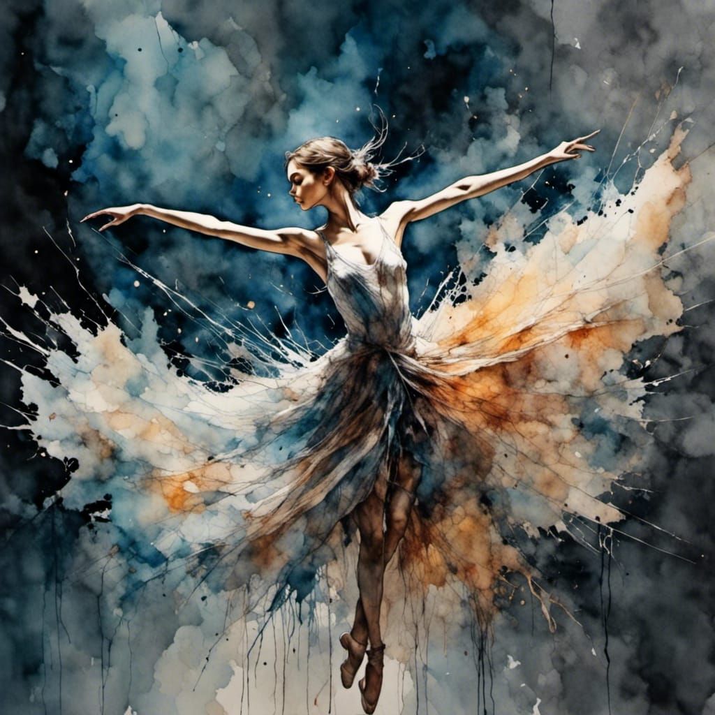 Dancing Ballerina with Watercolor Flowers in Dark Lighting