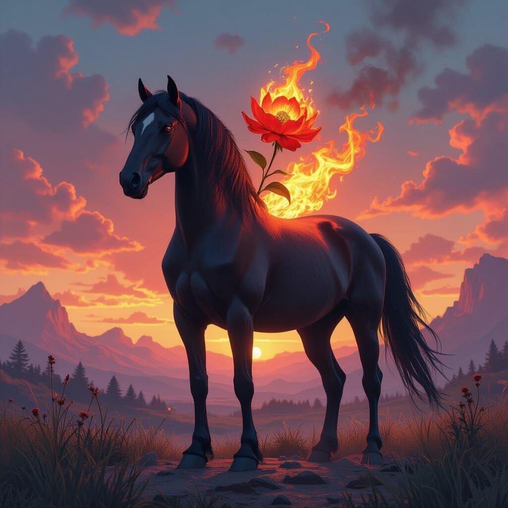 Majestic Horse with Burning Rose in Detailed Concept Art